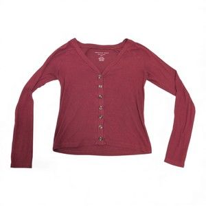 American Eagle Outfitters Red Ribbed Button-Down Top - S
